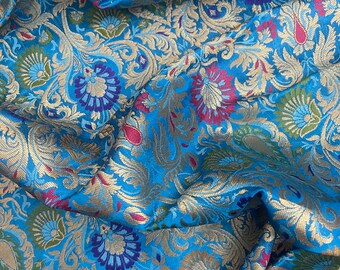 Indian Banarasi Brocade fabric in Blue and Gold color, Multiple lengths will come in the continuous piece - NF613