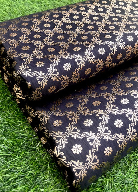 Black and Gold Brocade fabric Kimkhab Wedding Dress Fabric, Jacquard Fabric, Multiple yardage will come in one piece - NF616