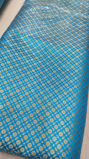 Indian Banarasi Brocade fabric in Blue and Gold color, Multiple lengths will come in the continuous piece - NF624