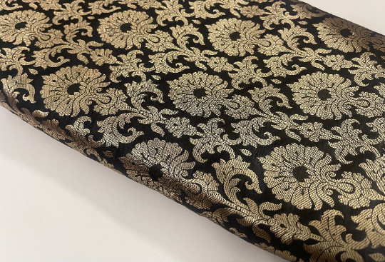 Indian Banarasi Brocade Fabric Black and Gold color, Multiple lengths will come in the continuous piece - NF632