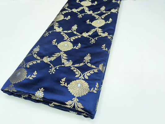 Navy Blue Gold Brocade Silk Fabric Dyeable fabric Jacquard Damask fabric Wedding dress Luxury fabric Home Decor Fabric by the Yard- NFAF63