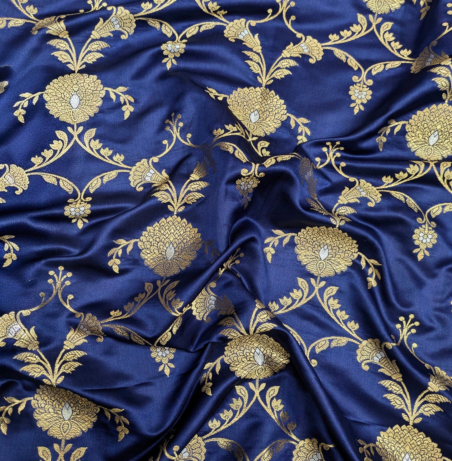 Navy Blue Gold Brocade Silk Fabric Dyeable fabric Jacquard Damask fabric Wedding dress Luxury fabric Home Decor Fabric by the Yard- NFAF63