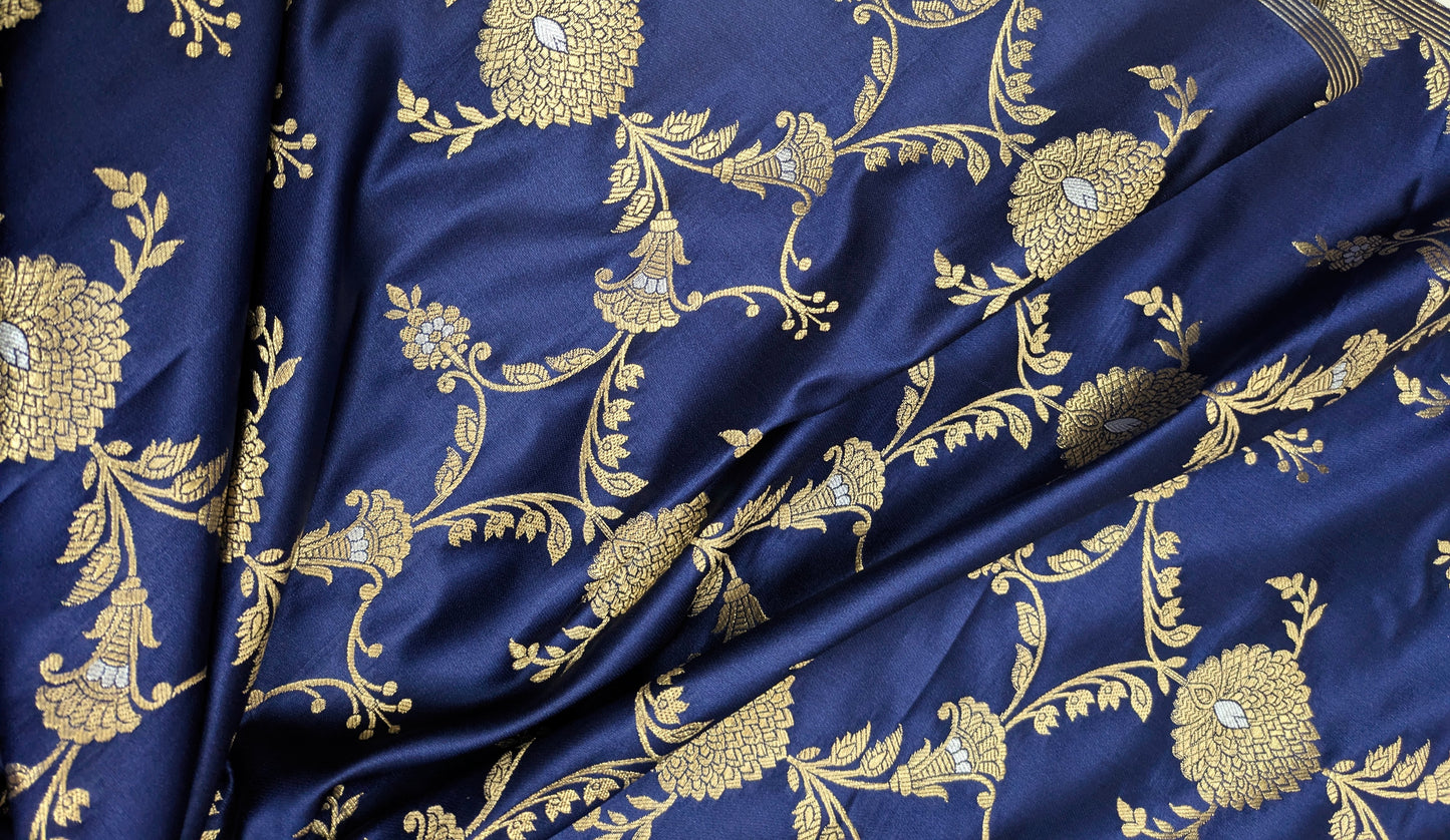 Navy Blue Gold Brocade Silk Fabric Dyeable fabric Jacquard Damask fabric Wedding dress Luxury fabric Home Decor Fabric by the Yard- NFAF63