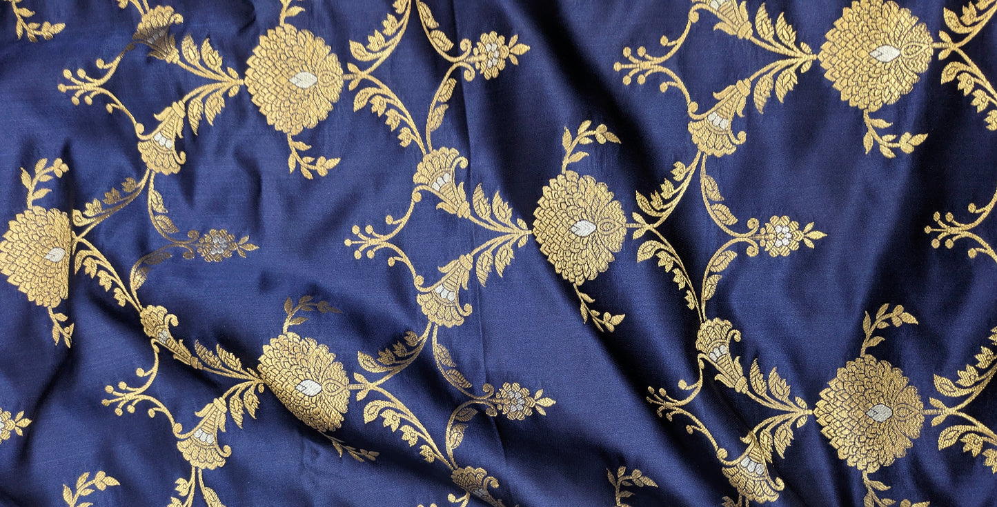 Navy Blue Gold Brocade Silk Fabric Dyeable fabric Jacquard Damask fabric Wedding dress Luxury fabric Home Decor Fabric by the Yard- NFAF63