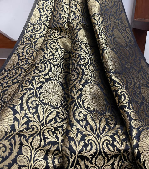 Black and Gold Brocade fabric Kimkhab Wedding Dress Fabric, Jacquard Fabric, Multiple yardage will come in one piece - NF640