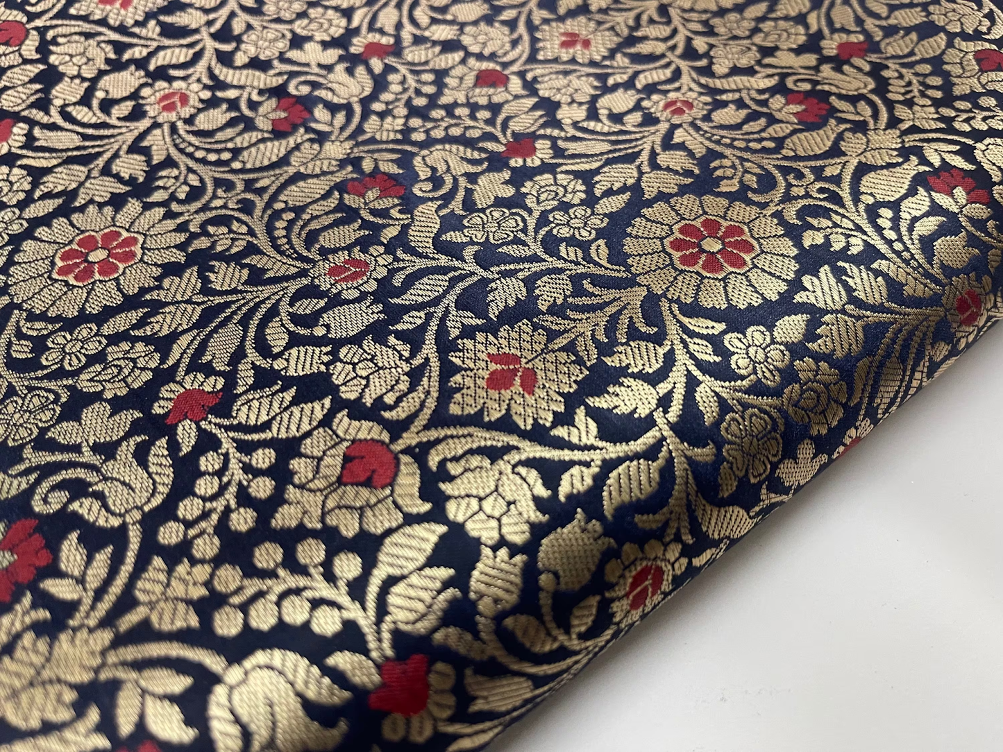 indian Banarasi Brocade Fabric in Navy Blue and Gold Color, Multiple lengths will come in the continuous piece - NFAF648