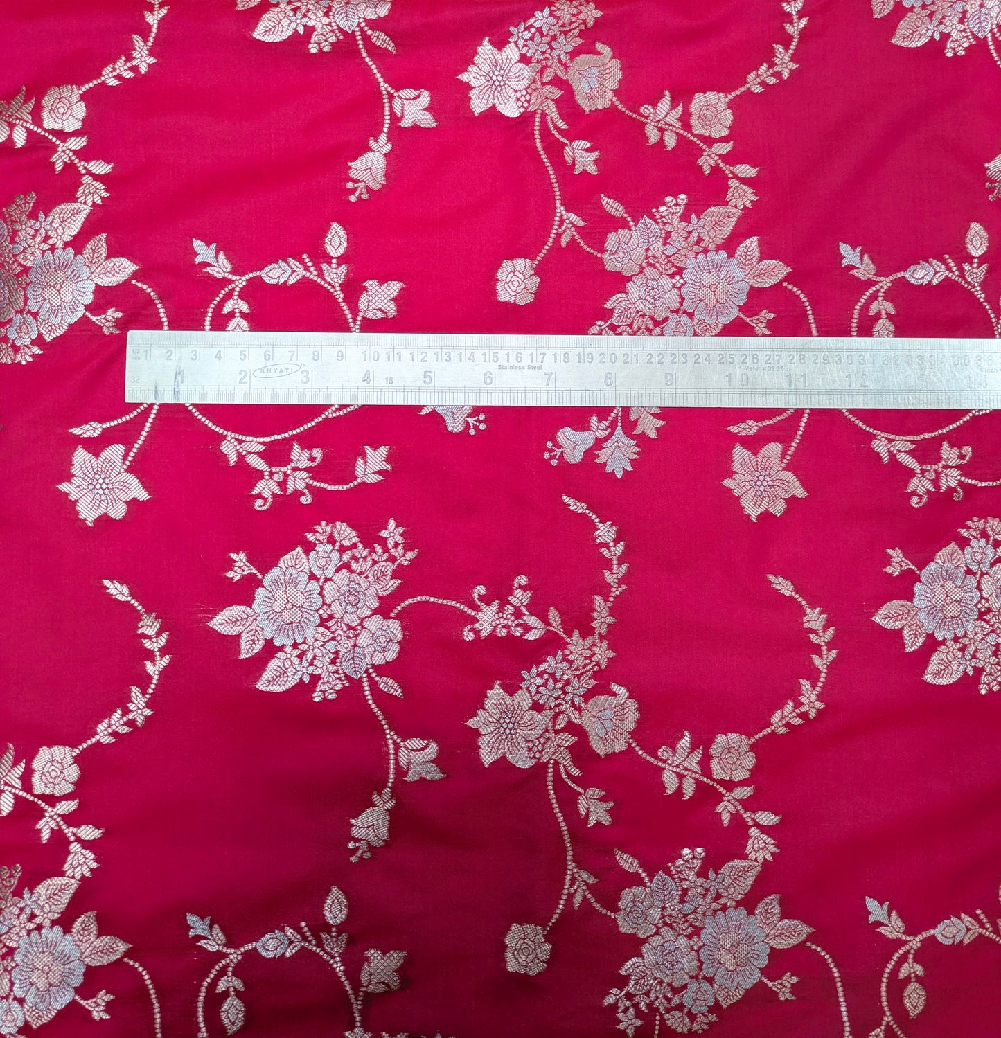 Dark Coral Pink Gold Brocade Fabric: Silk Jacquard Damask, Indian Dress Fabric by the Yard- NFAF64