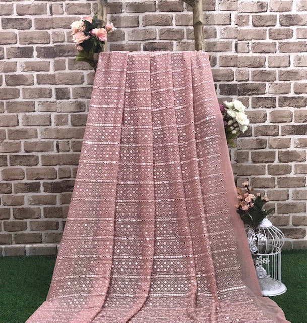 Embroidered Foil Mirror Georgette Fabric in Peach Color, Multiple lengths will come in the continuous piece - NF659