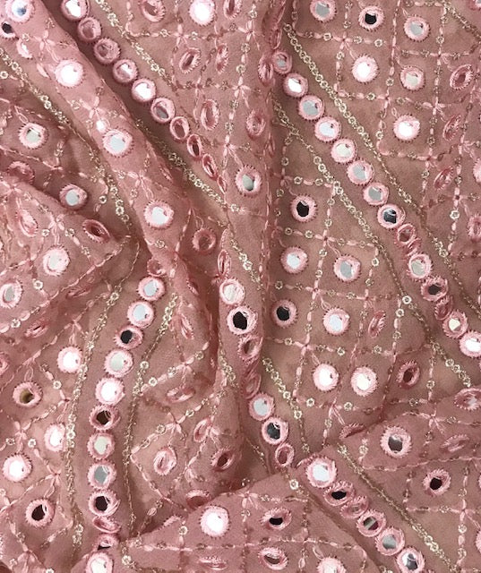 Embroidered Foil Mirror Georgette Fabric in Peach Color, Multiple lengths will come in the continuous piece - NF659