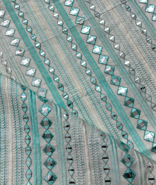 Indian Foil Mirror Embroidered Viscose Silk Fabric in Sea Green color, Multiple lengths will come in the continuous piece - NF662