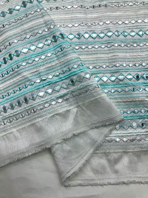 Indian Foil Mirror Embroidered Viscose Silk Fabric in Sea Green color, Multiple lengths will come in the continuous piece - NF843