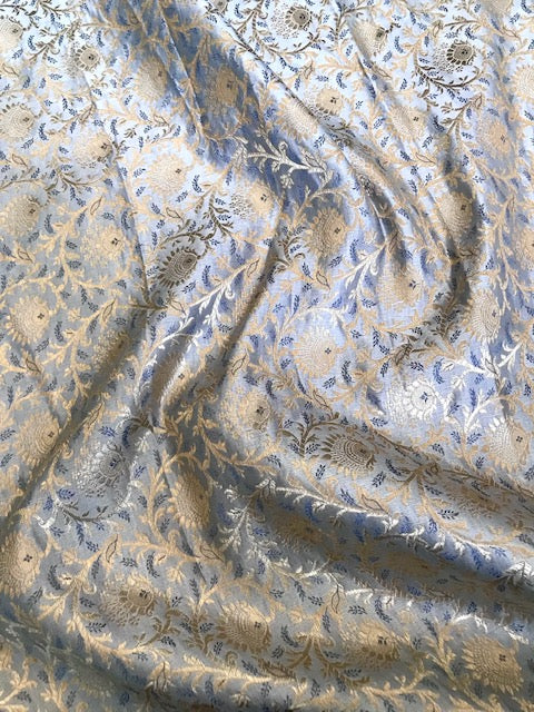 Indian Banarasi Brocade fabric in Gray and Gold color, Multiple lengths will come in the continuous piece - NF669