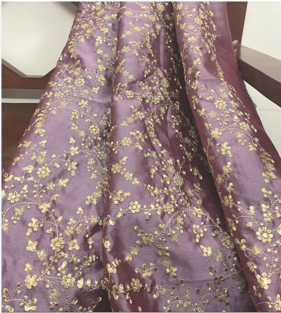 Indian Embroidered Fabric in Light Purple and Gold color, Multiple lengths will come in the continuous piece - NF687