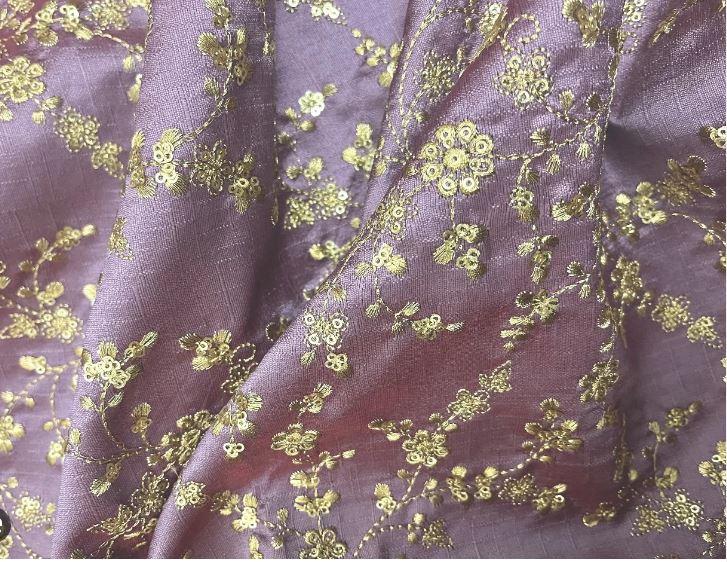 Indian Embroidered Fabric in Light Purple and Gold color, Multiple lengths will come in the continuous piece - NF687