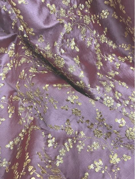 Indian Embroidered Fabric in Light Purple and Gold color, Multiple lengths will come in the continuous piece - NF687