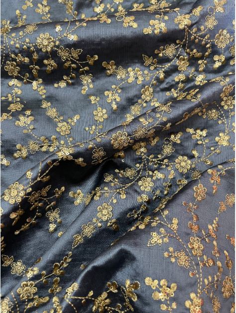 Indian Embroidered Fabric in Gray & Gold color, Multiple lengths will come in the continuous piece - NF700