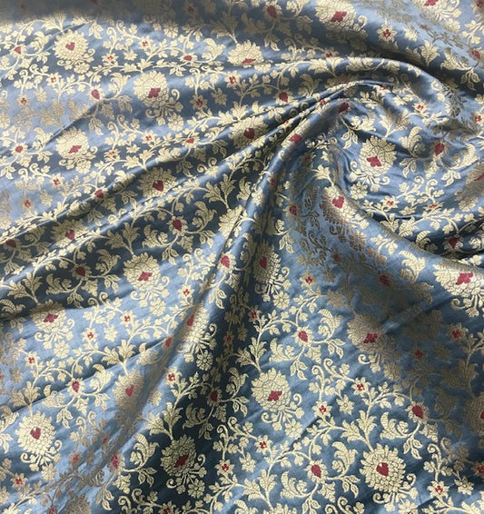 Banarasi brocade fabric, Gray Gold wedding dress fabric, Renaissance fabric, Jacquard fabric, Satin brocade, Floral brocade, Home décor fabric - NFAF705