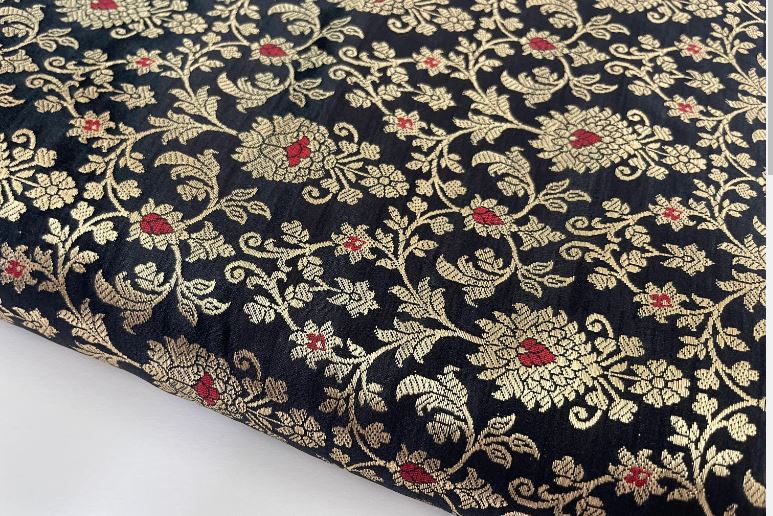 Indian Banarasi Brocade Fabric in Black and Gold Color, Multiple lengths will come in the continuous piece - NF710