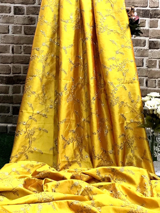 Embroidered fabric, Yellow gold floral design fabric, Luxury fabric, Embroidery design, Handmade, Bridesmaid dress, Thread embroidery - NFAF722