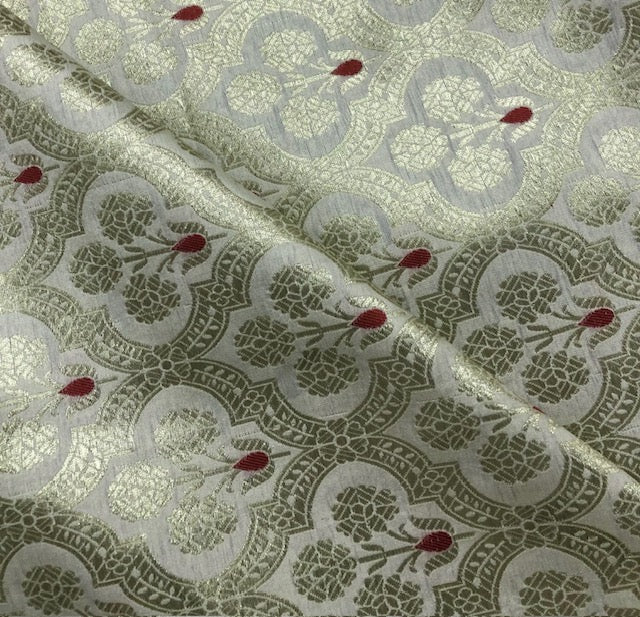 Indian Banarasi Brocade Fabric in Off white and Gold color, Multiple lengths will come in the continuous piece - NF732