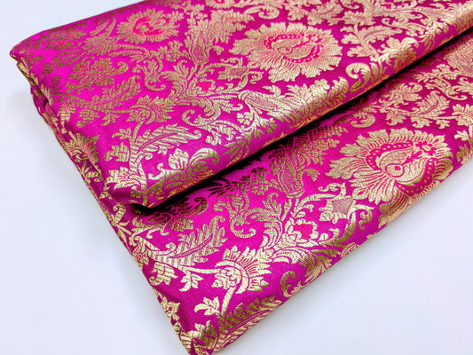 Banarasi brocade fabric, Pink gold wedding dress fabric, Jacquard fabric, Rayon silk brocade, Historical fabric, Gold fabric, Designer fabric - NFAF737