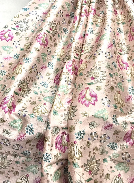 Embroidered fabric, Rose gold Wedding dress fabric, Thread embroidery, Royal fabric, Indian fabric, Handmade, Couture fashion, Bridesmaid dress - NFAF740