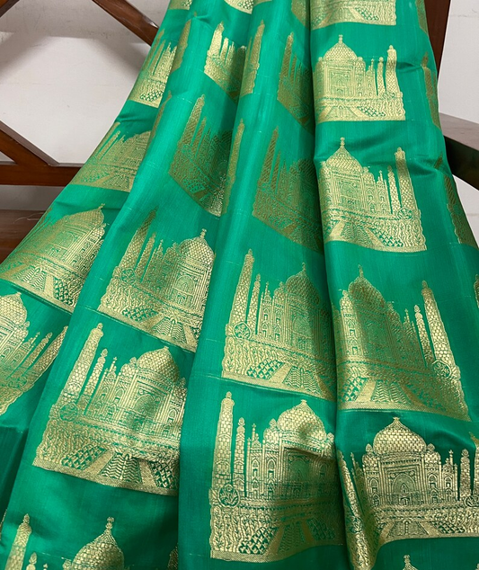 Brocade fabric Green Gold Jacquard Fabric Brocade Taj Mahal Motif Wedding Dress Bridal Brocade Upholstery Home Decor fabric - NFAF75