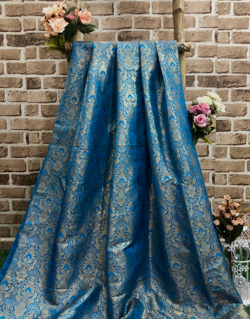 Indian Banarasi Brocade Fabric in Blue and Gold color, Multiple lengths will come in the continuous piece - NF756