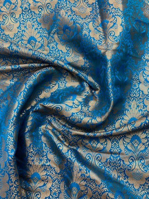 Indian Banarasi Brocade Fabric in Blue and Gold color, Multiple lengths will come in the continuous piece - NF756