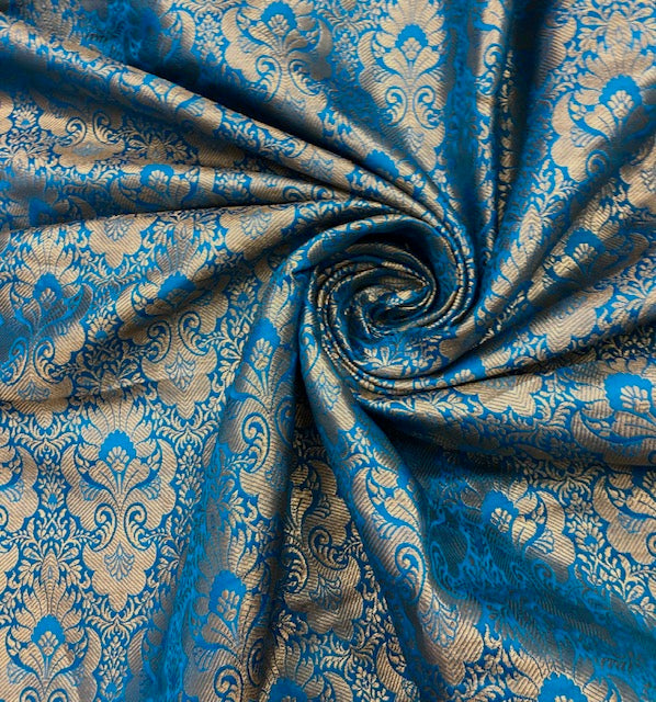 Indian Banarasi Brocade Fabric in Blue and Gold color, Multiple lengths will come in the continuous piece - NF756