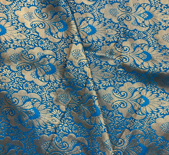 Indian Banarasi Brocade Fabric in Blue and Gold color, Multiple lengths will come in the continuous piece - NF756