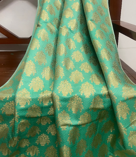 Indian Banarasi Brocade fabric in Green and Gold color,  Multiple lengths will come in the continuous piece - NF76