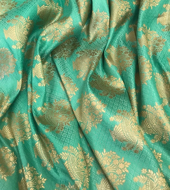 Indian Banarasi Brocade fabric in Green and Gold color,  Multiple lengths will come in the continuous piece - NF76