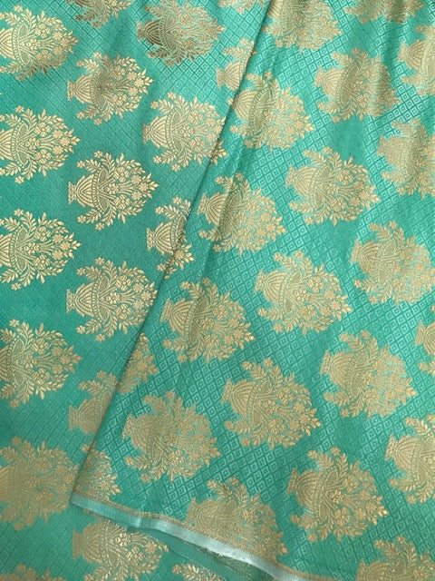 Indian Banarasi Brocade fabric in Green and Gold color,  Multiple lengths will come in the continuous piece - NF76