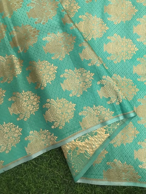 Indian Banarasi Brocade fabric in Green and Gold color,  Multiple lengths will come in the continuous piece - NF76