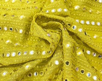 Lime Yellow Georgette Bridal Fabric, Foil Mirror Embroidered Dress Fabric , Multiple yardage will come in one piece - NF782