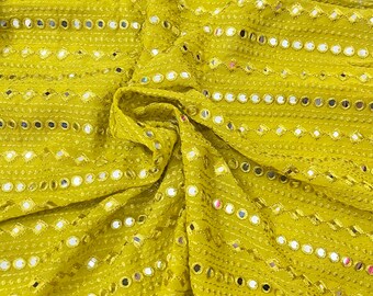 Lime Yellow Georgette Bridal Fabric, Foil Mirror Embroidered Dress Fabric , Multiple yardage will come in one piece - NF782