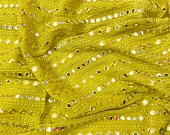 Lime Yellow Georgette Bridal Fabric, Foil Mirror Embroidered Dress Fabric , Multiple yardage will come in one piece - NF782