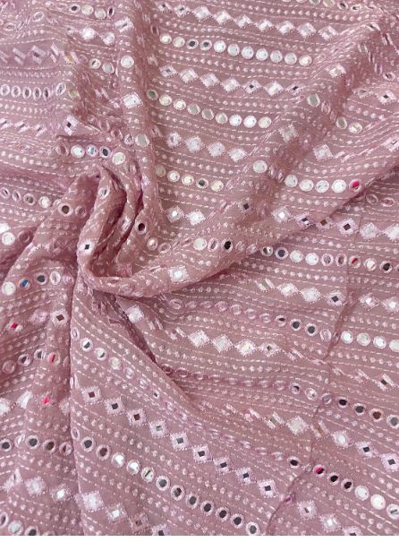 Blush Georgette Foil Mirror Embroidered Fabric, Wedding Dress Fabric, Multiple lengths will come in the continuous piece - NF783