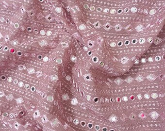 Blush Georgette Foil Mirror Embroidered Fabric, Wedding Dress Fabric, Multiple lengths will come in the continuous piece - NF783