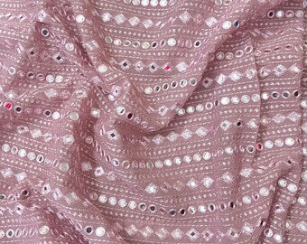 Blush Georgette Foil Mirror Embroidered Fabric, Wedding Dress Fabric, Multiple lengths will come in the continuous piece - NF783