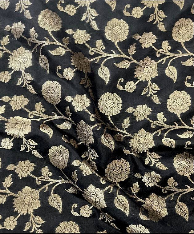 Indian Banarasi Brocade fabric in Black and Gold color, Multiple lengths will come in the continuous piece - NF792