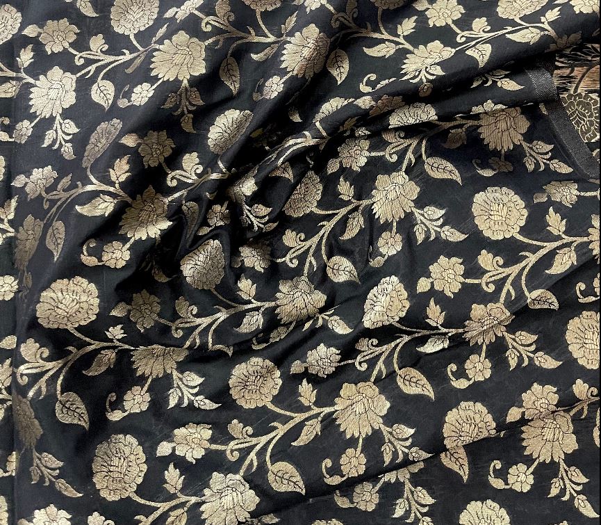 Indian Banarasi Brocade fabric in Black and Gold color, Multiple lengths will come in the continuous piece - NF792