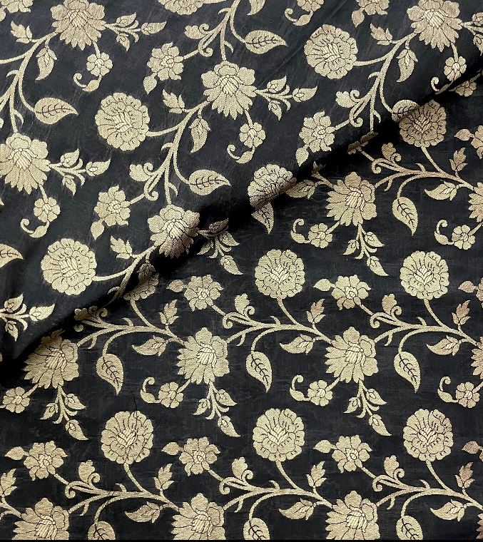 Indian Banarasi Brocade fabric in Black and Gold color, Multiple lengths will come in the continuous piece - NF792