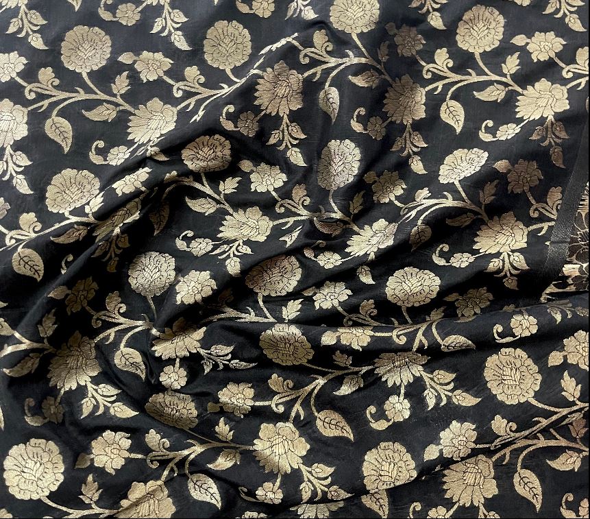 Indian Banarasi Brocade fabric in Black and Gold color, Multiple lengths will come in the continuous piece - NF792