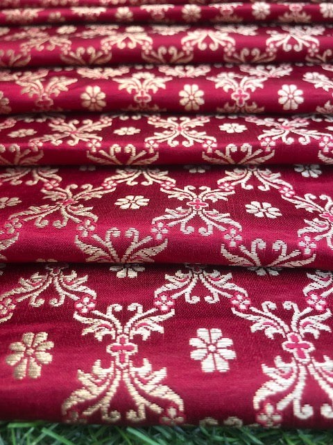 Indian Banarasi Brocade Fabric in Red and Gold color, Multiple lengths will come in the continuous piece - NF802