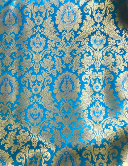 Indian Banarasi Brocade fabric in Light Blue and Gold color, Multiple lengths will come in the continuous piece - NF803