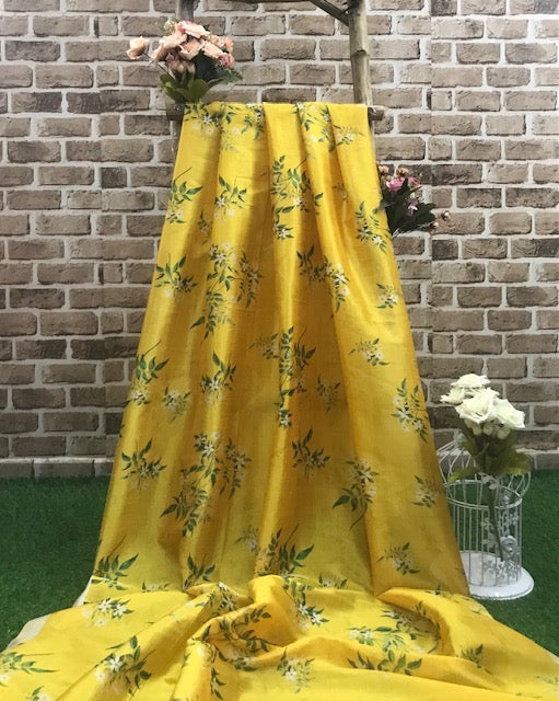 Printed Viscose Tussar Silk fabric in Yellow color, Multiple lengths will come in the continuous piece - NF809