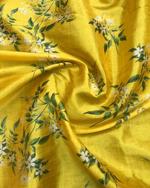 Printed Viscose Tussar Silk fabric in Yellow color, Multiple lengths will come in the continuous piece - NF809