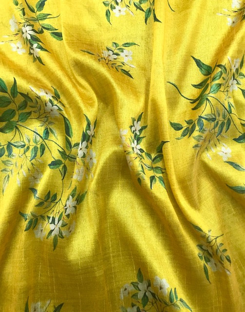 Printed Viscose Tussar Silk fabric in Yellow color, Multiple lengths will come in the continuous piece - NF809